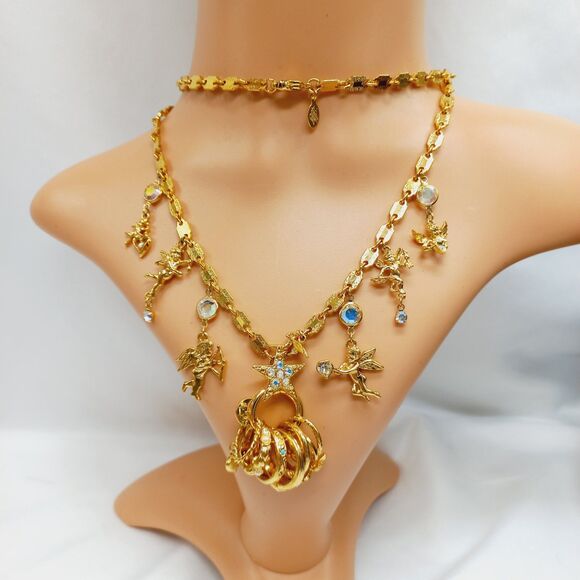 Kirks Folly Cupid Secrets of The 7 Angels Rings Gold Tone Long Necklace Vintage - Picture 6 of 11